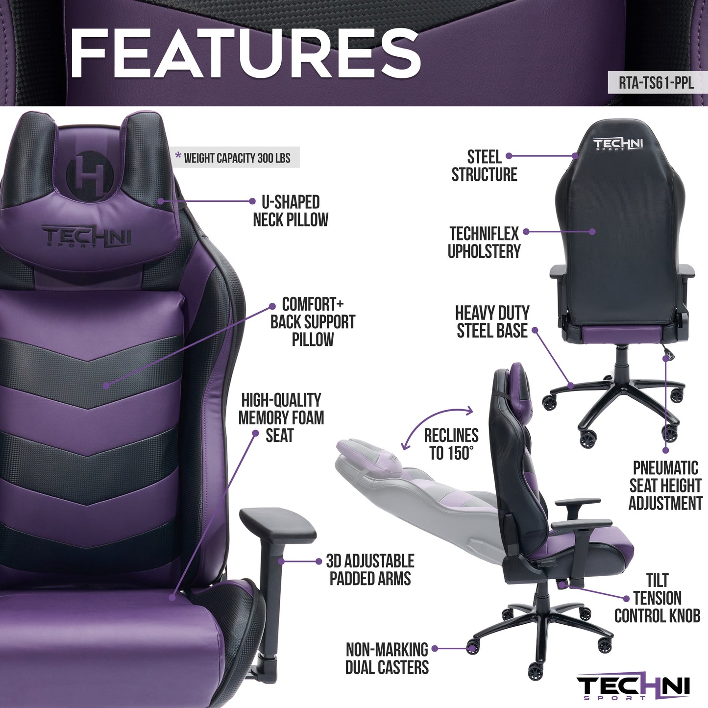 TS-61 Ergonomic High Back Racer Style Video Gaming Chair, Purple/Black