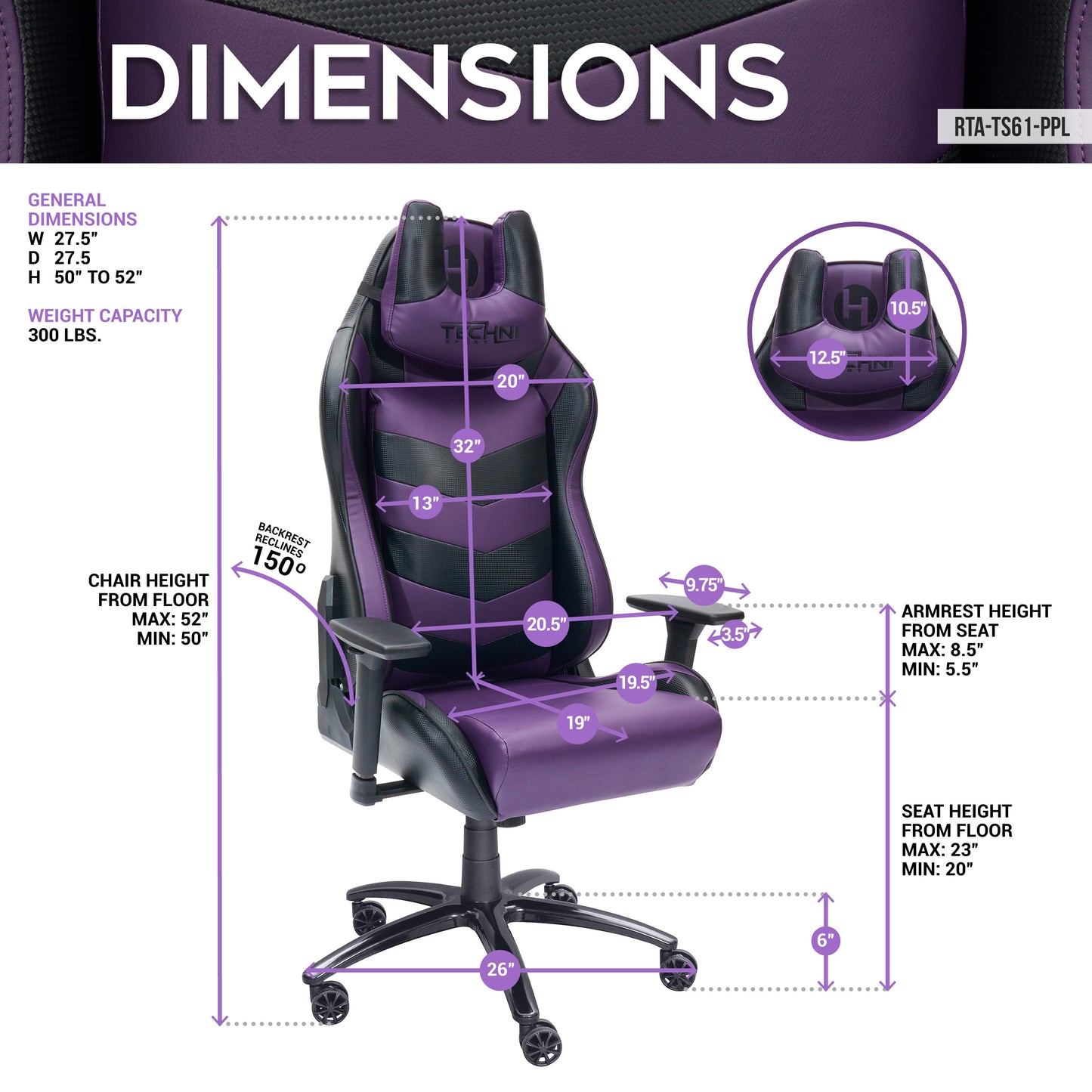 TS-61 Ergonomic High Back Racer Style Video Gaming Chair, Purple/Black