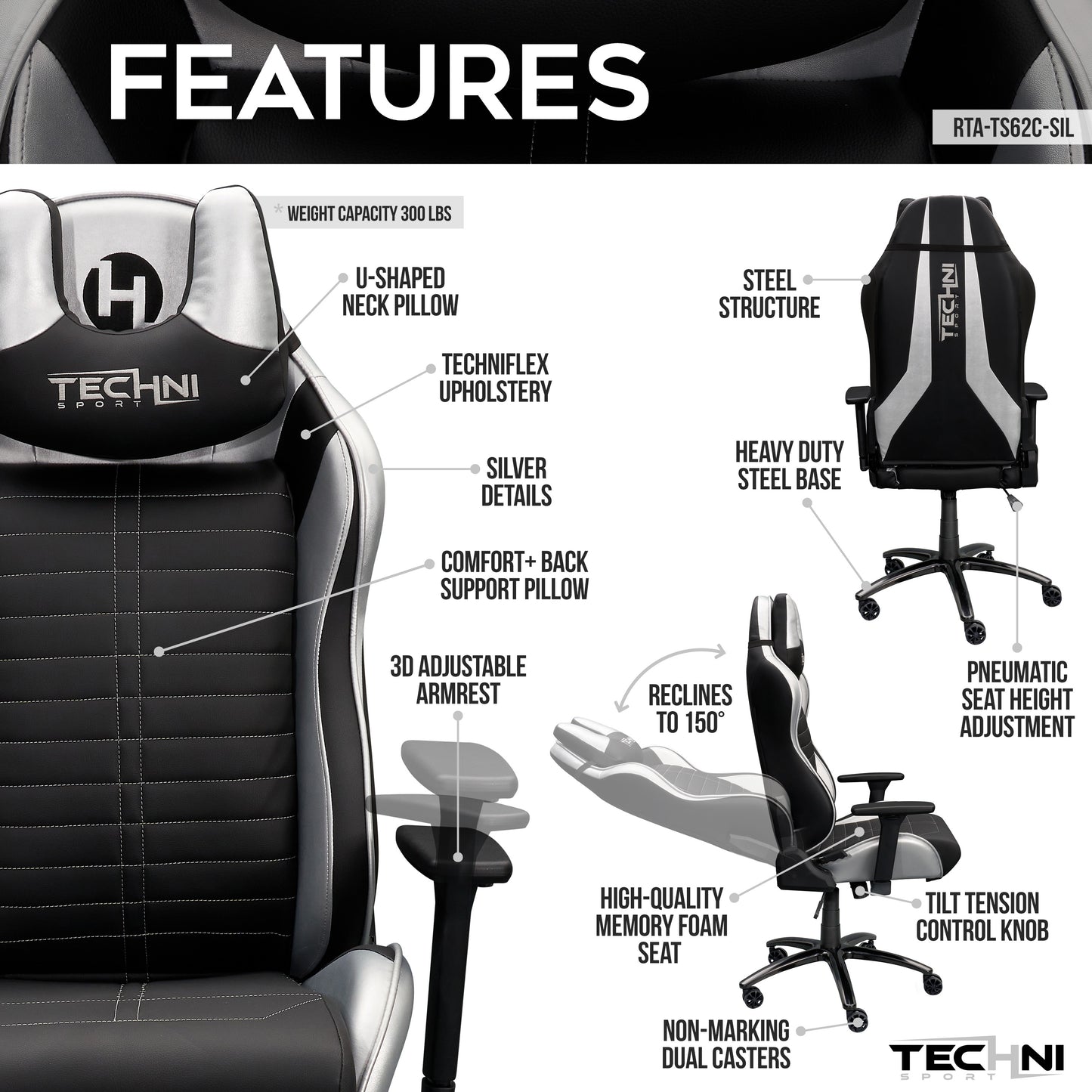 Ergonomic Racing Style Gaming Chair - Silver