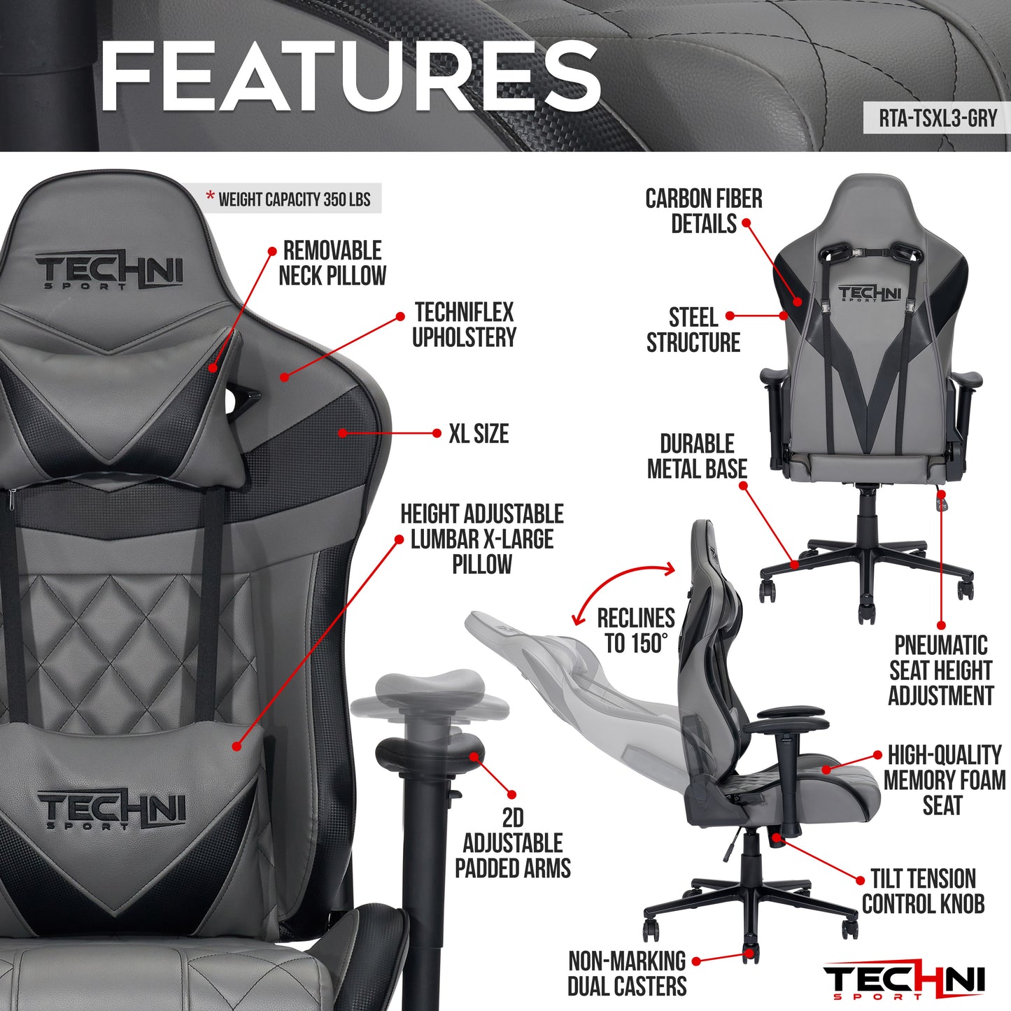 XL Ergonomic Gaming Chair, Grey