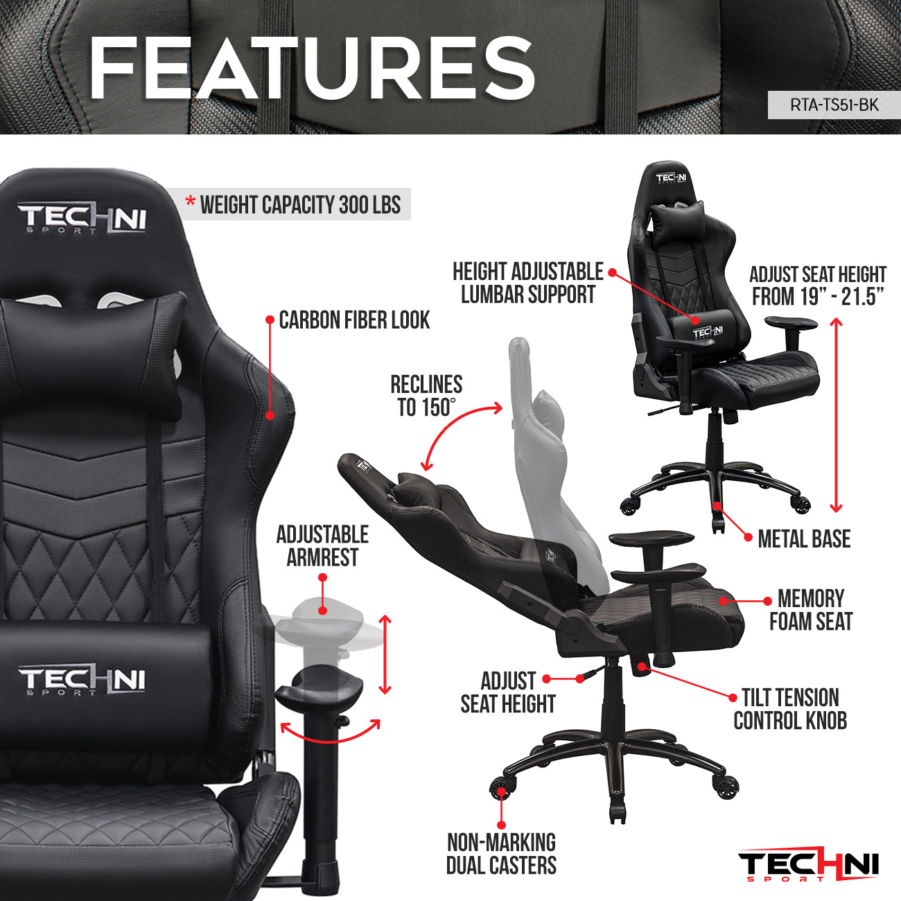 TS-5100 Ergonomic High Back Racer Style PC Gaming Chair, Black