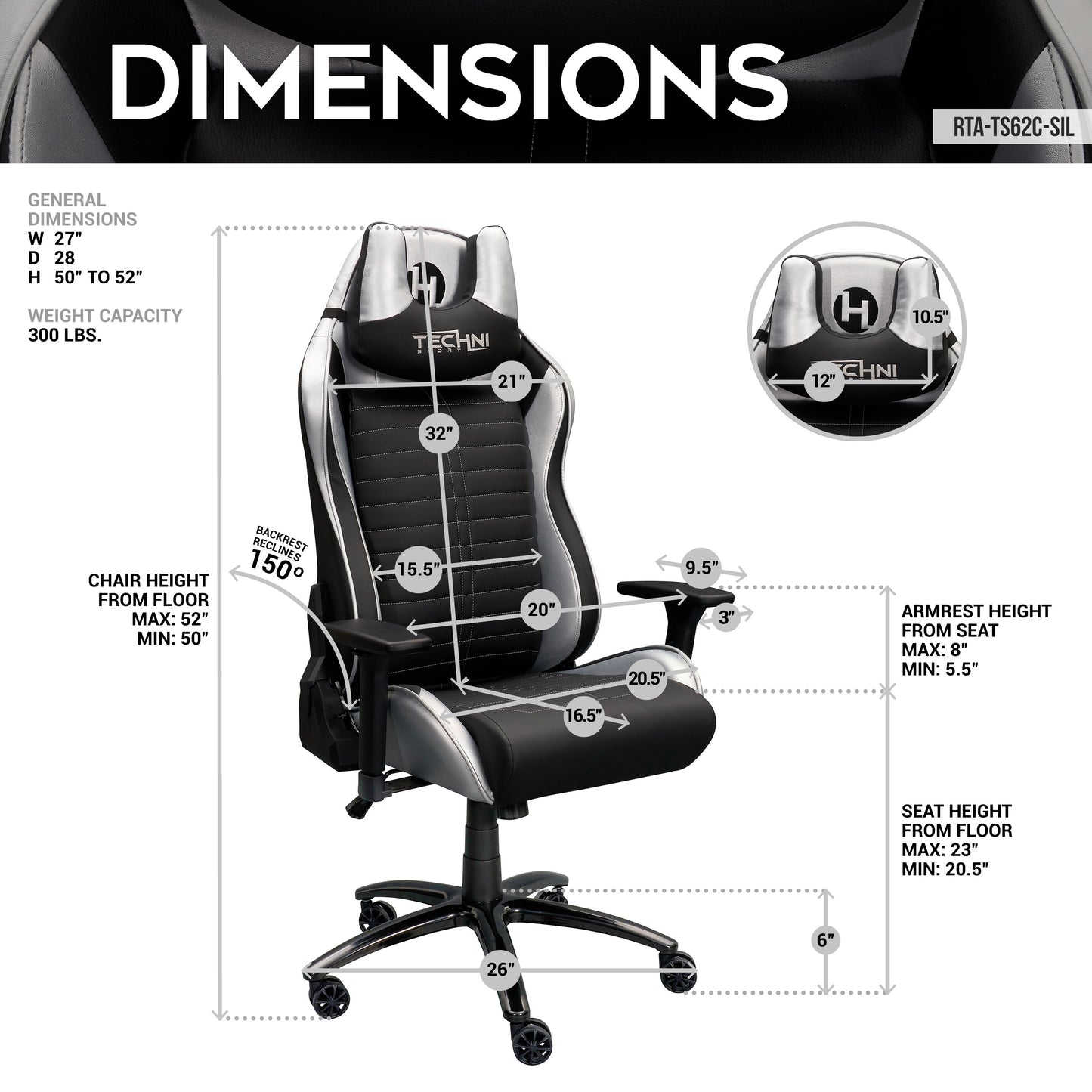 Ergonomic Racing Style Gaming Chair - Silver