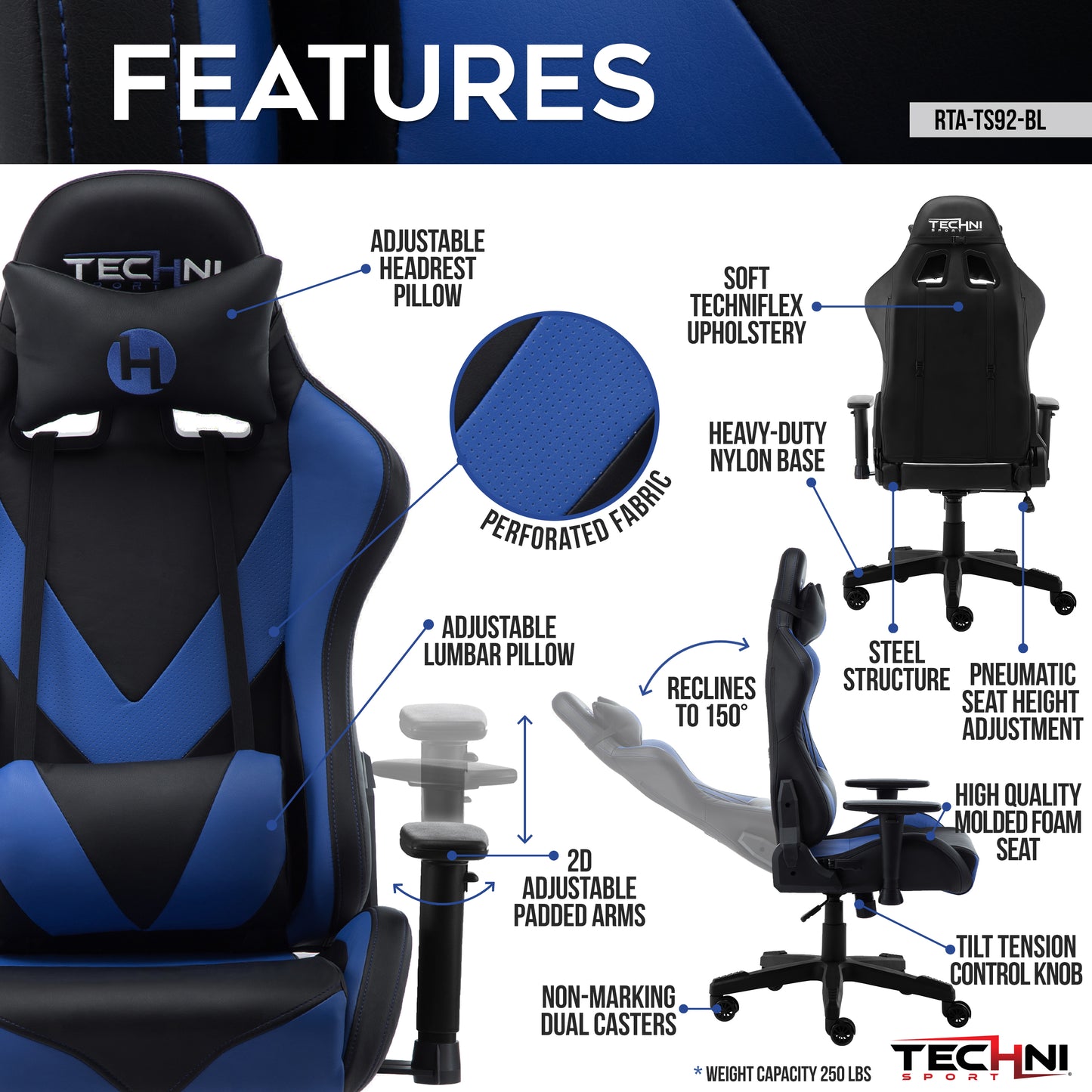 TS-92 Office-PC Gaming Chair, Blue