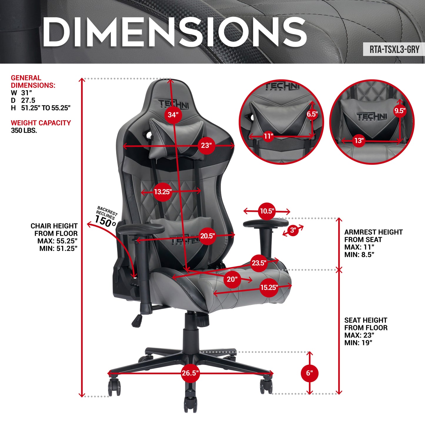 XL Ergonomic Gaming Chair, Grey